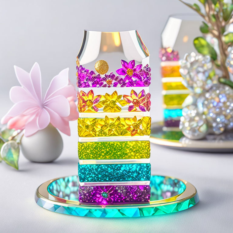 Colorful layered vase with floral and glitter patterns on soft background with floral ornament and decorative piece