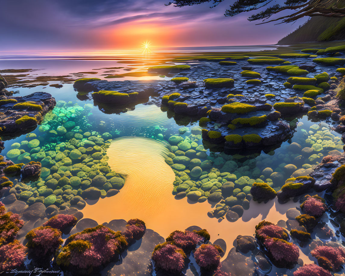 Tranquil Coastal Landscape at Sunset with Moss-Covered Rocks