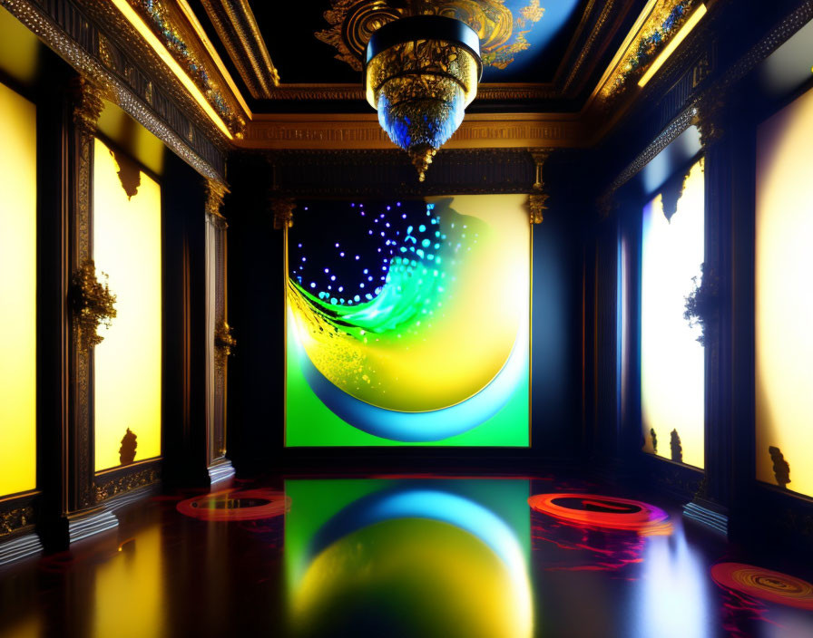 Digital art: Glowing crescent and starry trail in ornate room