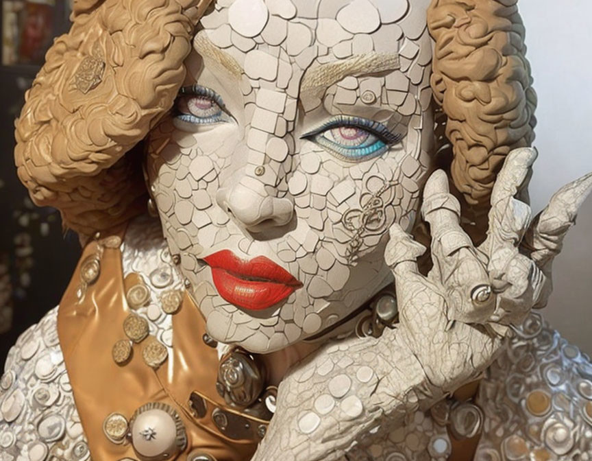 Cracked Texture Makeup Resembling Statue with Blue Eyes and Red Lipstick