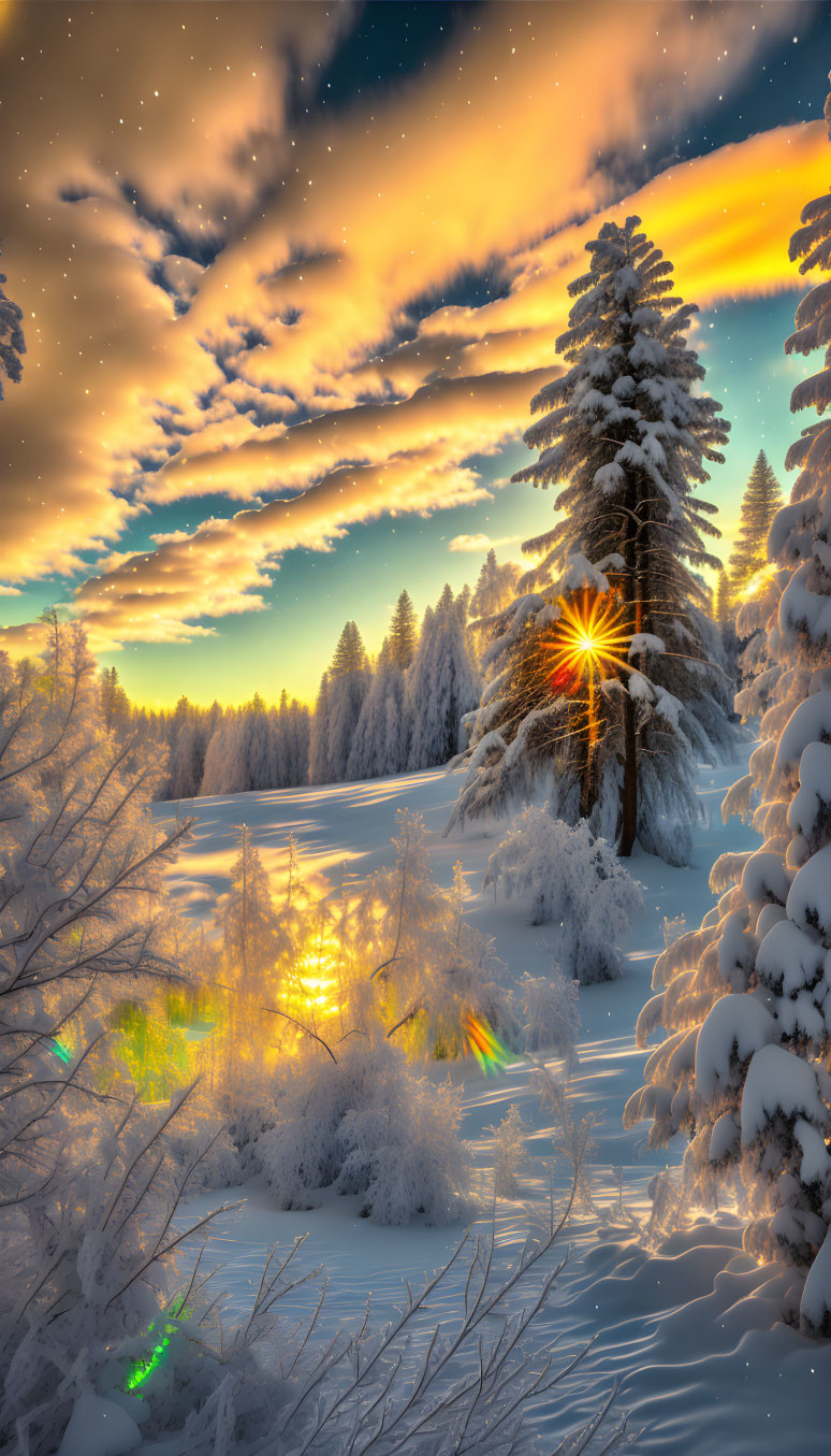 Snow-covered trees in sunset with vibrant sky