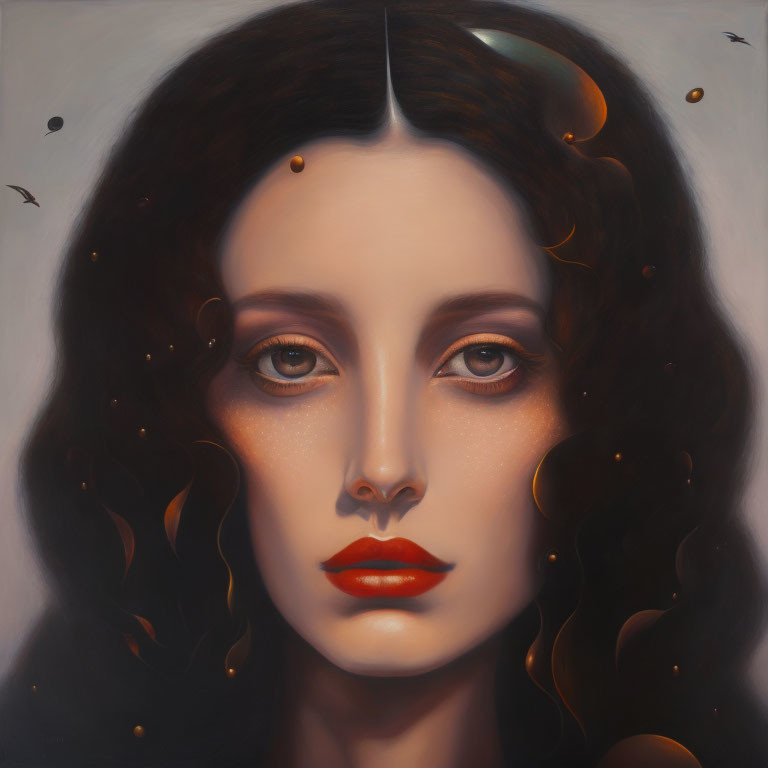 Portrait of woman with dark curly hair, somber eyes, red lips, and glowing orange accents on