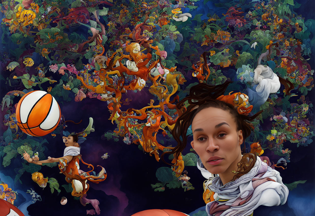 Surreal digital painting of basketball player in mid-jump amid vibrant floral chaos