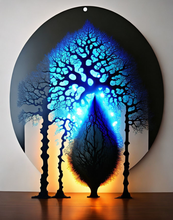 Circular Backlit Tree Silhouette Wall Art with Warm and Cool Lighting