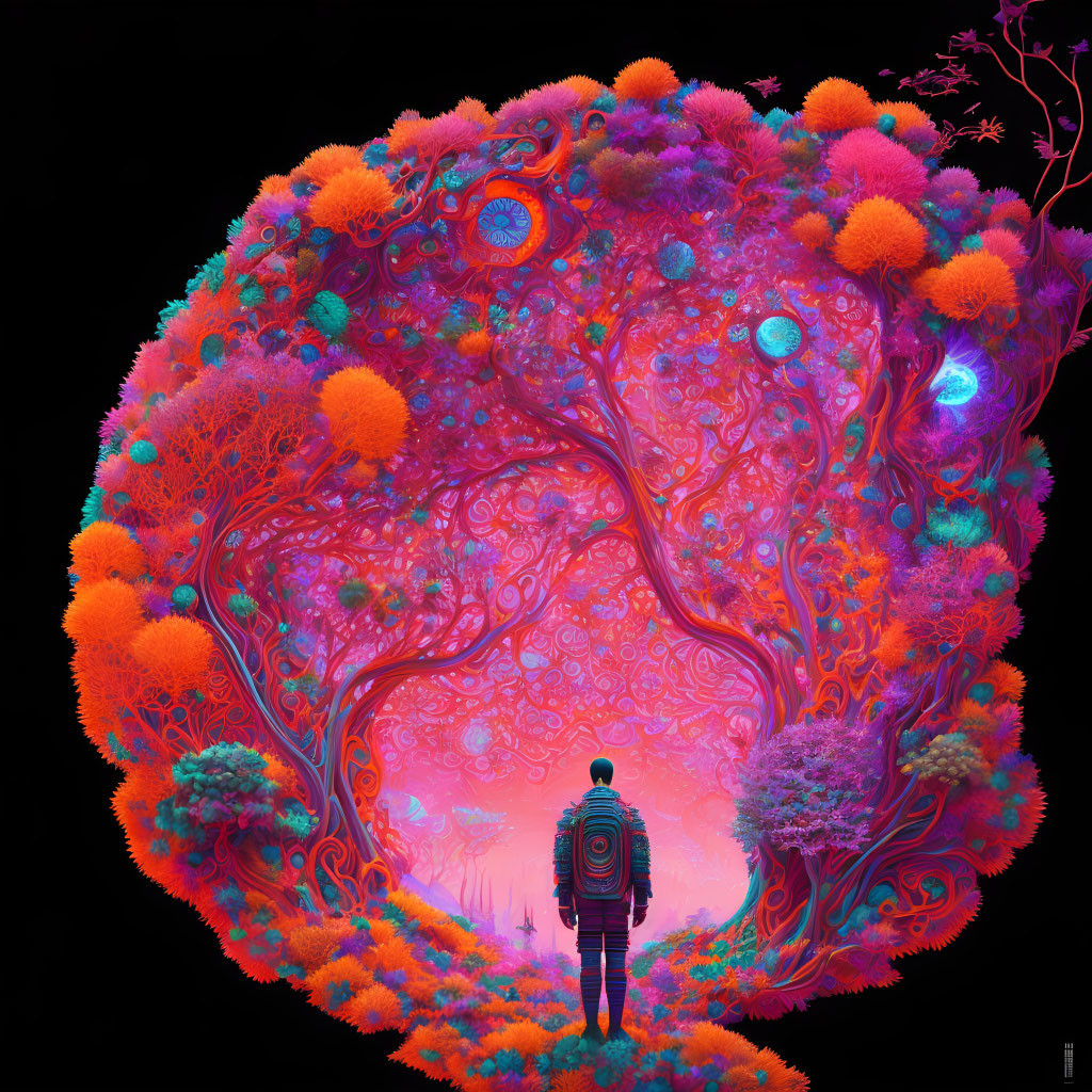 Vibrant neon-colored fractal forest with glowing orbs