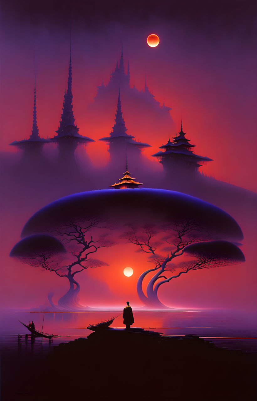 Purple-hued illustration of person by lake with boat, tree, temples, and red sun