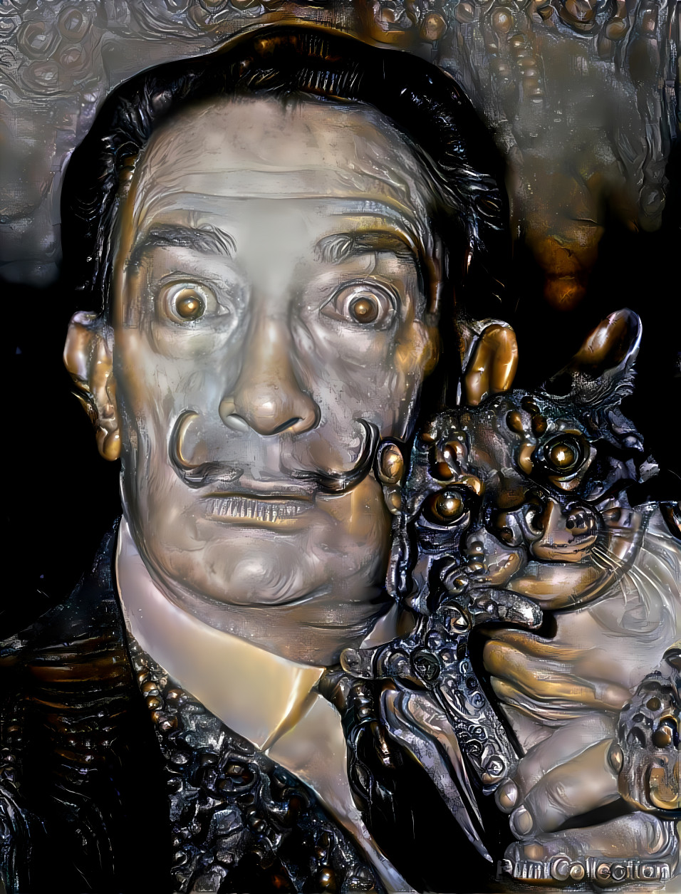 salvador dali holding cat, bronze