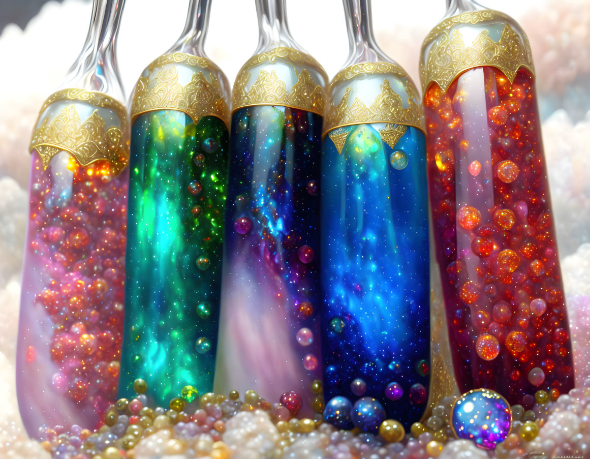 Ornate vials with cosmic scenes on colorful pearls