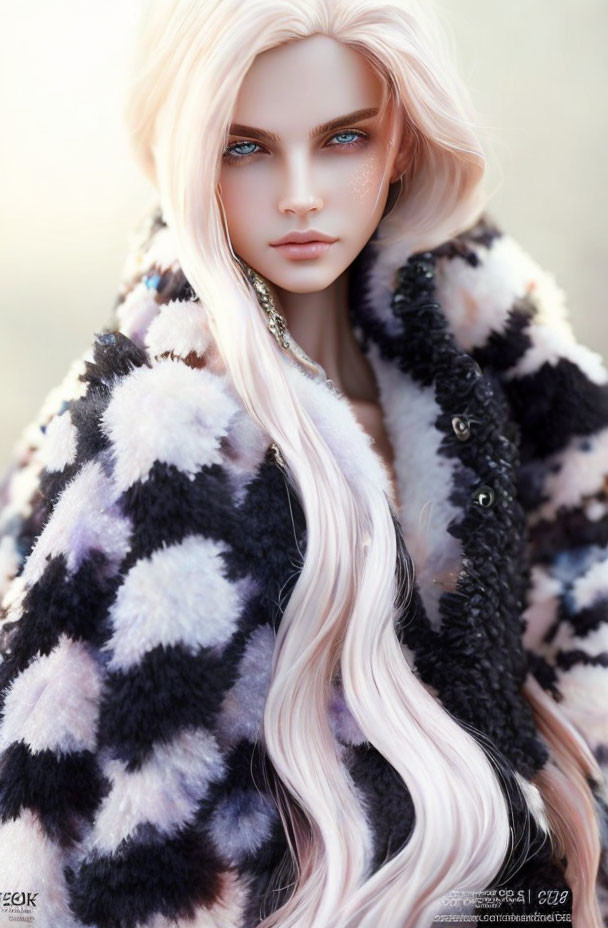 Doll portrait with long blond hair and blue eyes