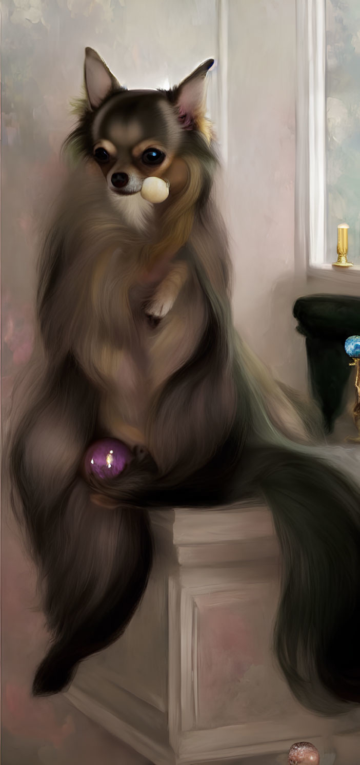 Anthropomorphic Chihuahua illustration with long fur and purple orb by window