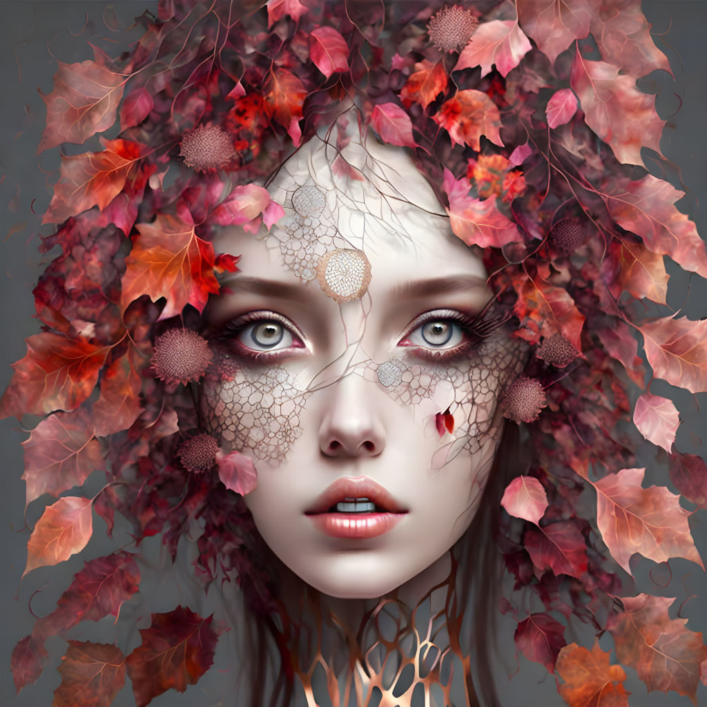 Surreal portrait: Woman with autumn leaves, lace patterns, blue eyes