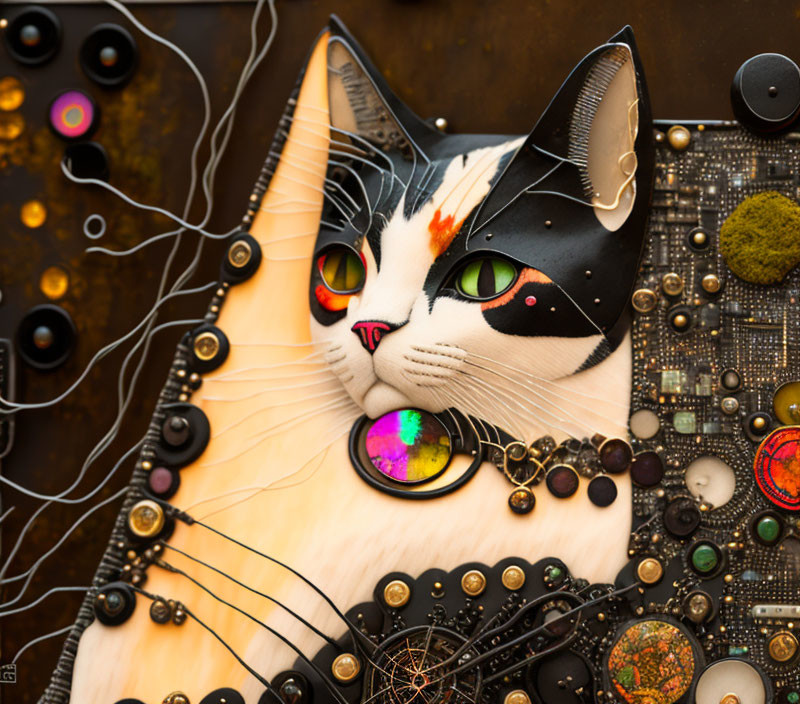 Detailed Steampunk-Style Cat Illustration with Vibrant Colors