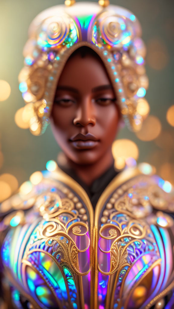 Person adorned with glowing patterns and pearls in decorative headdress and armor.