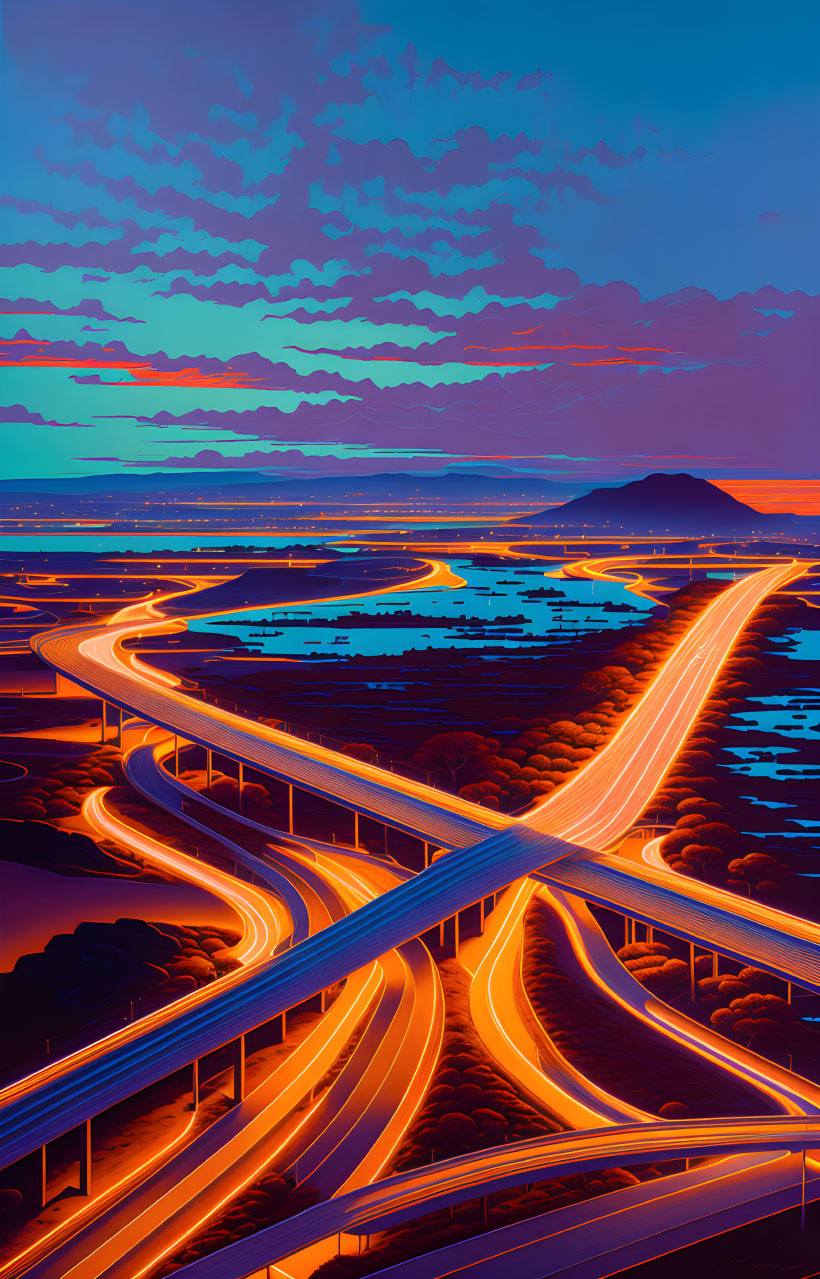 Digital artwork: Complex highway interchange with flowing twilight traffic