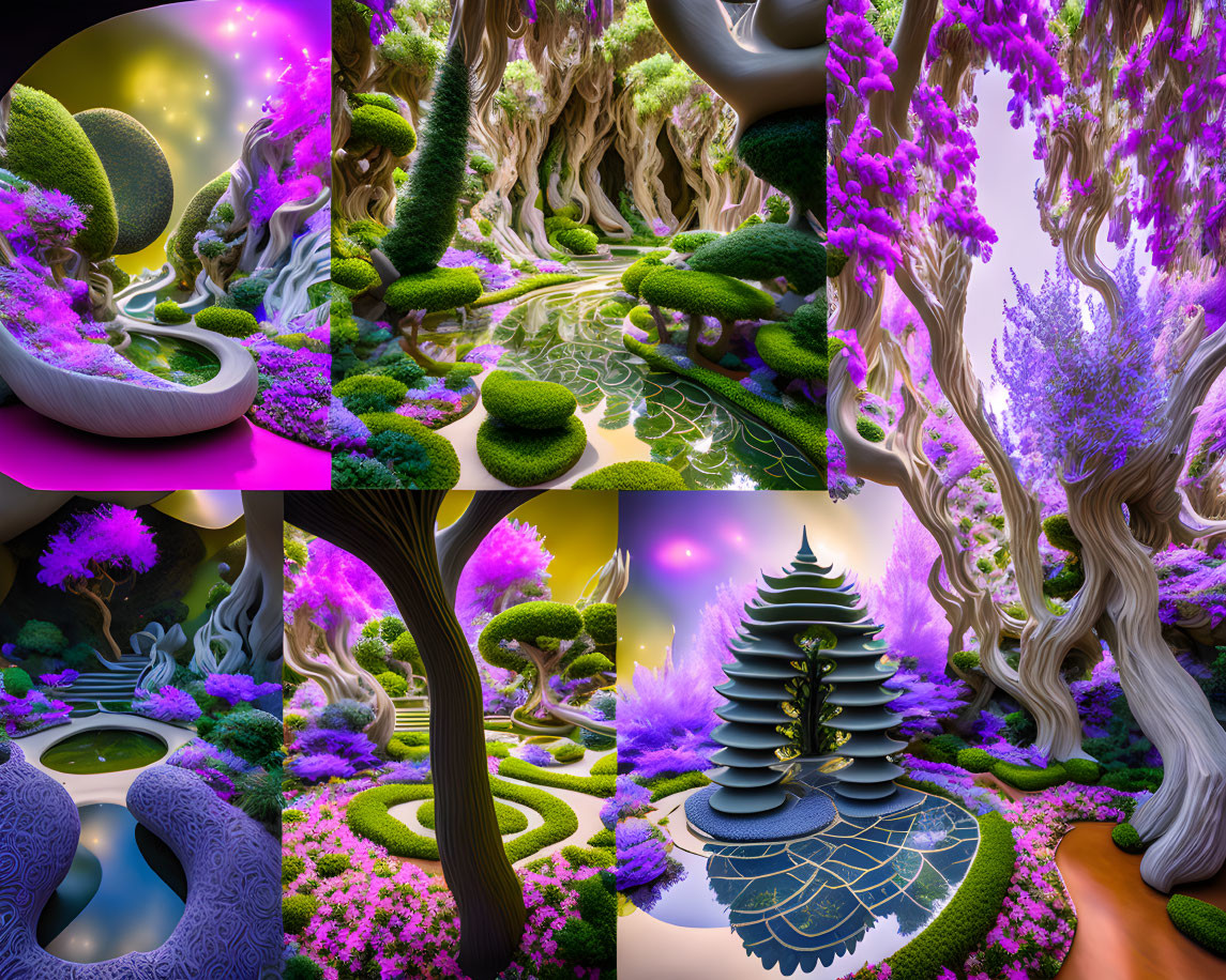 Fantastical landscape collage with twisted trees and colorful flora