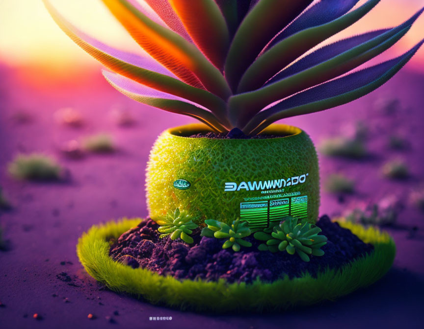 Succulent plant in tennis ball pot against sunset landscape