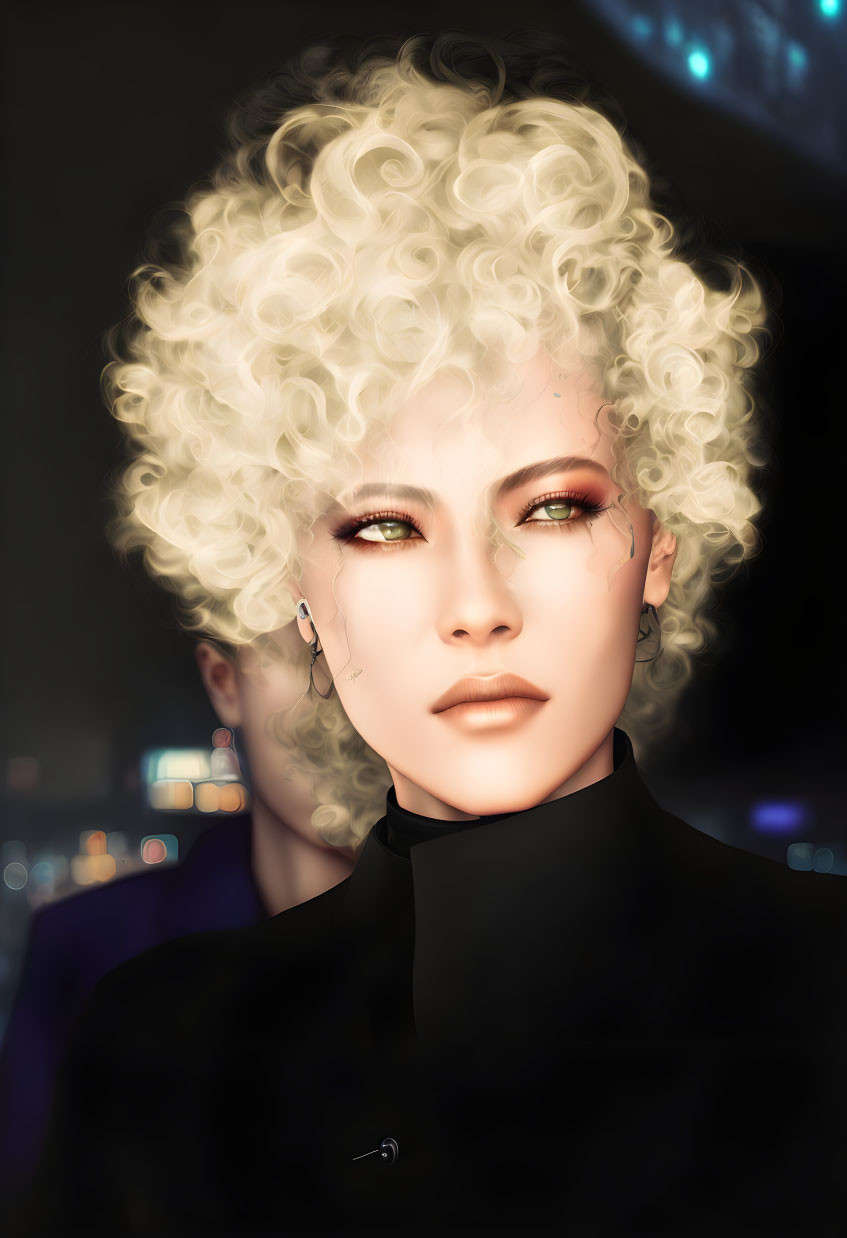 Digital artwork: Person with curly blond hair, bold makeup, black outfit, city lights backdrop