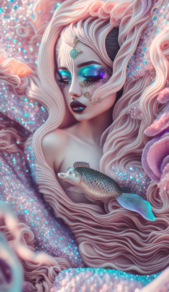 Fantastical image: Woman with swirling pink hair and fish companion in pastel dreamscape