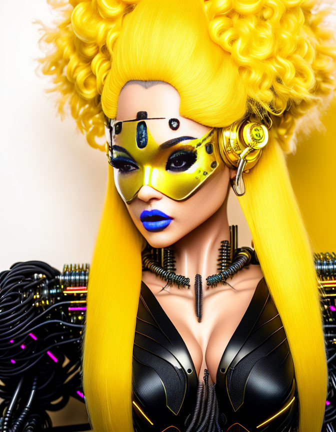 Stylized female figure with futuristic makeup and cybernetic earpiece in vibrant image