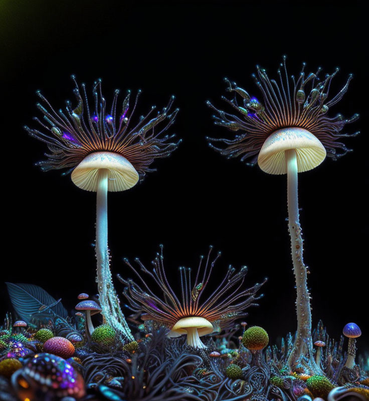 Vibrant bioluminescent mushrooms on dark background