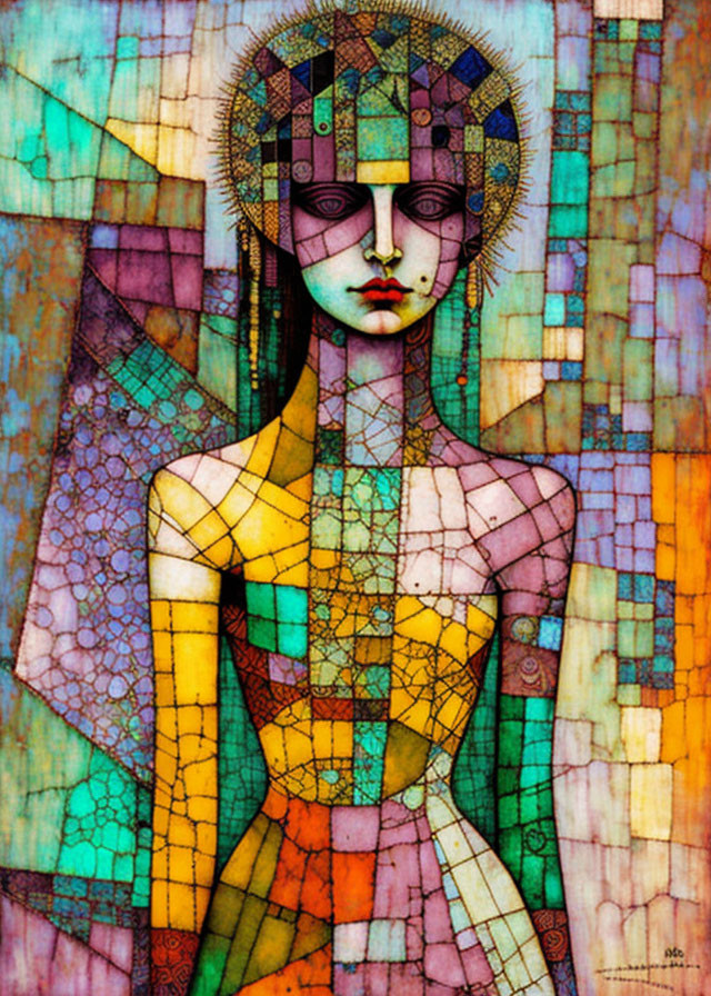 Colorful Cubist-Style Portrait with Geometric Shapes and Red Lips