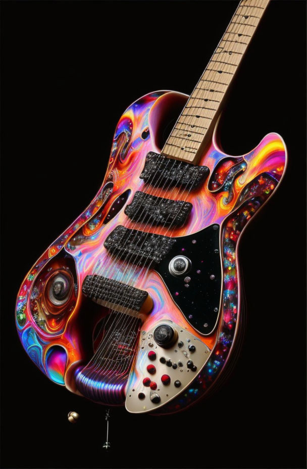 Colorful Psychedelic Design Electric Guitar on Black Background