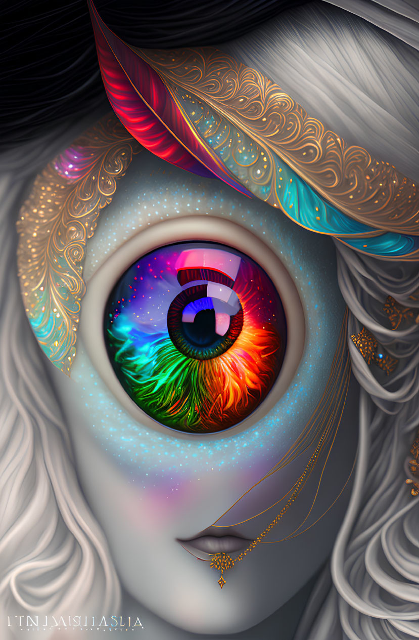 Detailed illustration of eye with rainbow iris and mystical aura