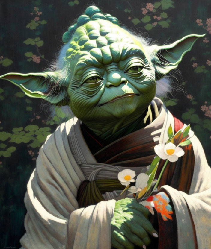 Elderly Green-Skinned Character Portrait with Flowers