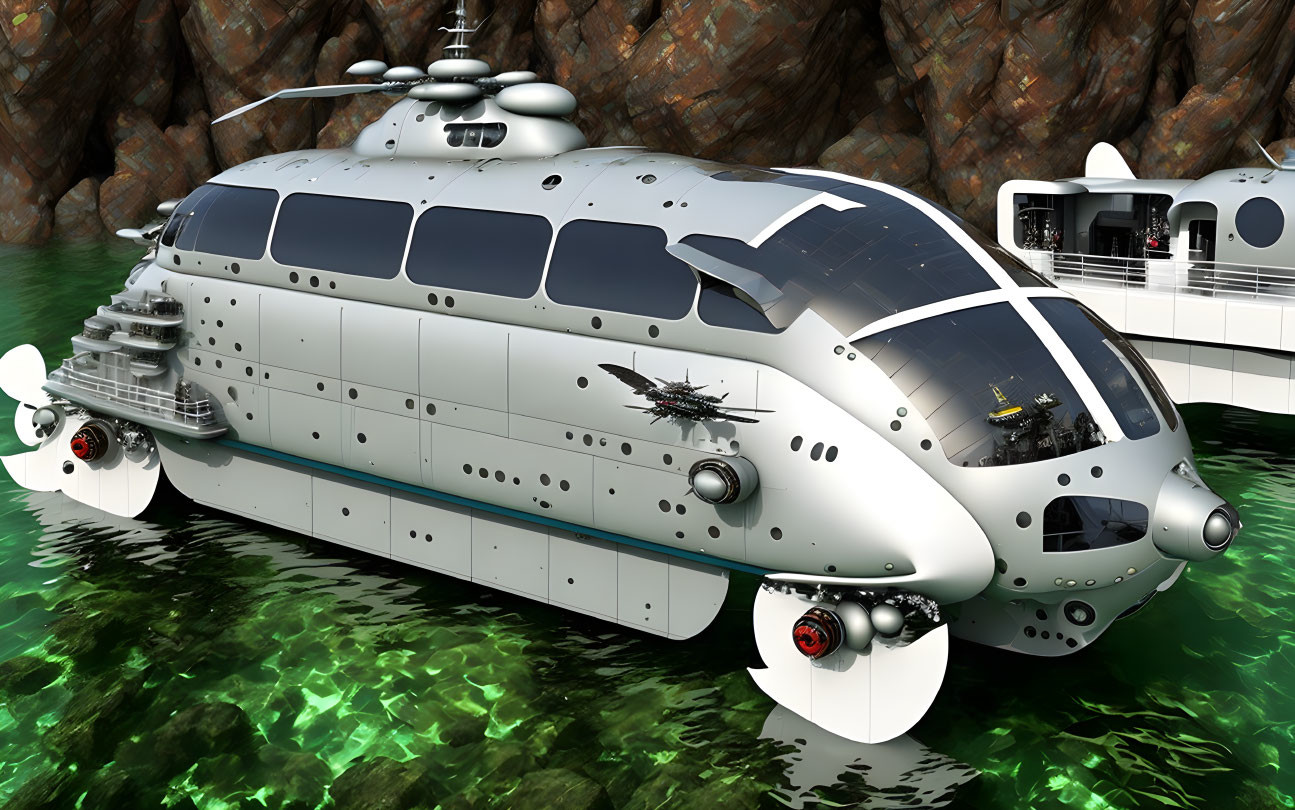 Futuristic submarine with helicopter-like design near rocky shore