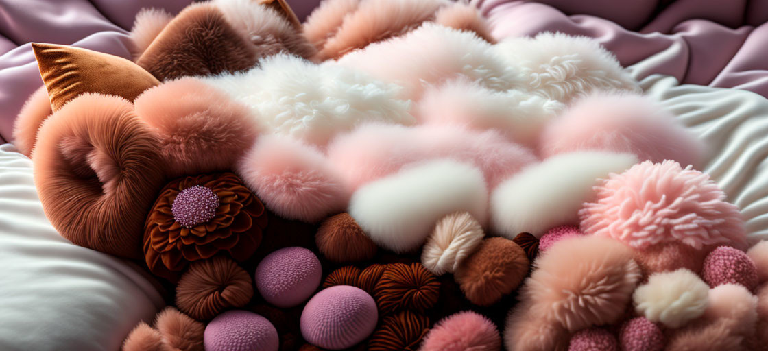 Assorted Fluffy and Textured Pink, White, Brown Pillows on Soft Bed