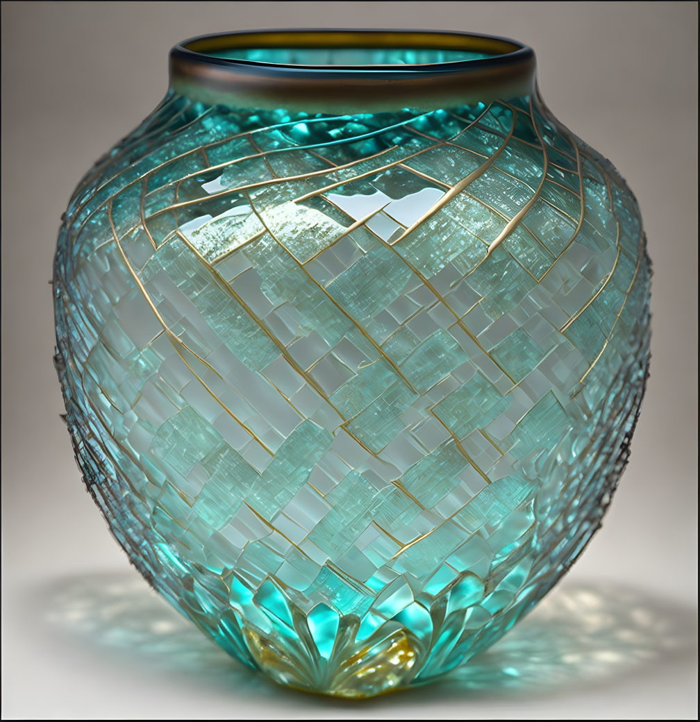 Translucent Turquoise Vase with Geometric Mosaic Pattern