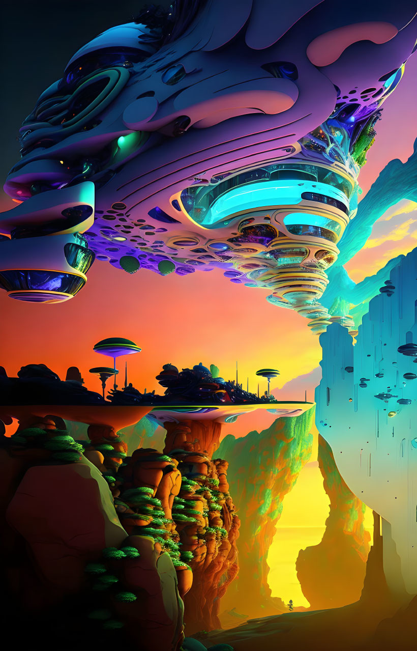 Colorful surreal landscape with floating structures over vibrant rock formations