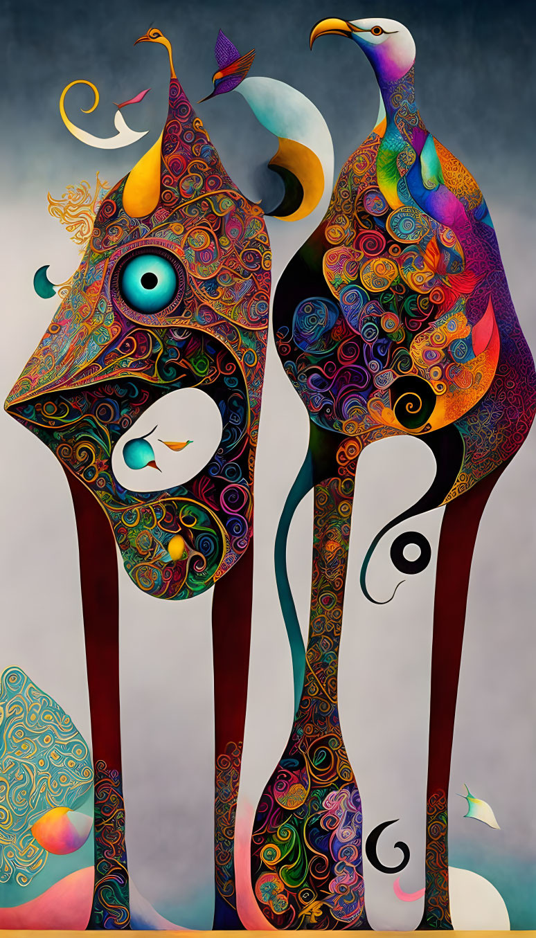 Vibrant abstract art: ornamental bird-like figures in colorful patterns