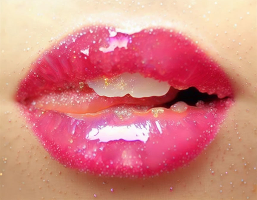 Detailed Close-Up of Pink Lips with Shimmering Particles on Skin-Toned Background