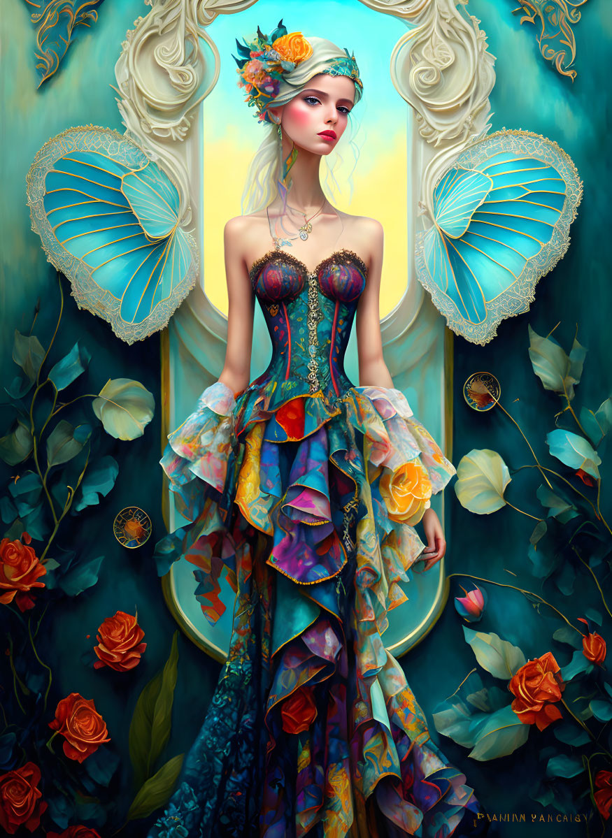 Colorful surreal portrait of a woman with butterfly wings and floral elements