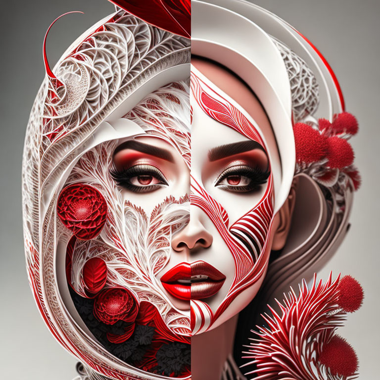 Digital Artwork: Split Face with Red and White Intricate Patterns