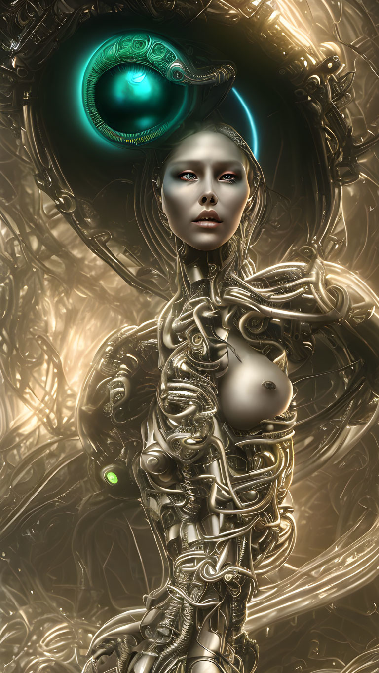 Futuristic female android with silver and gold mechanical parts and glowing green eye