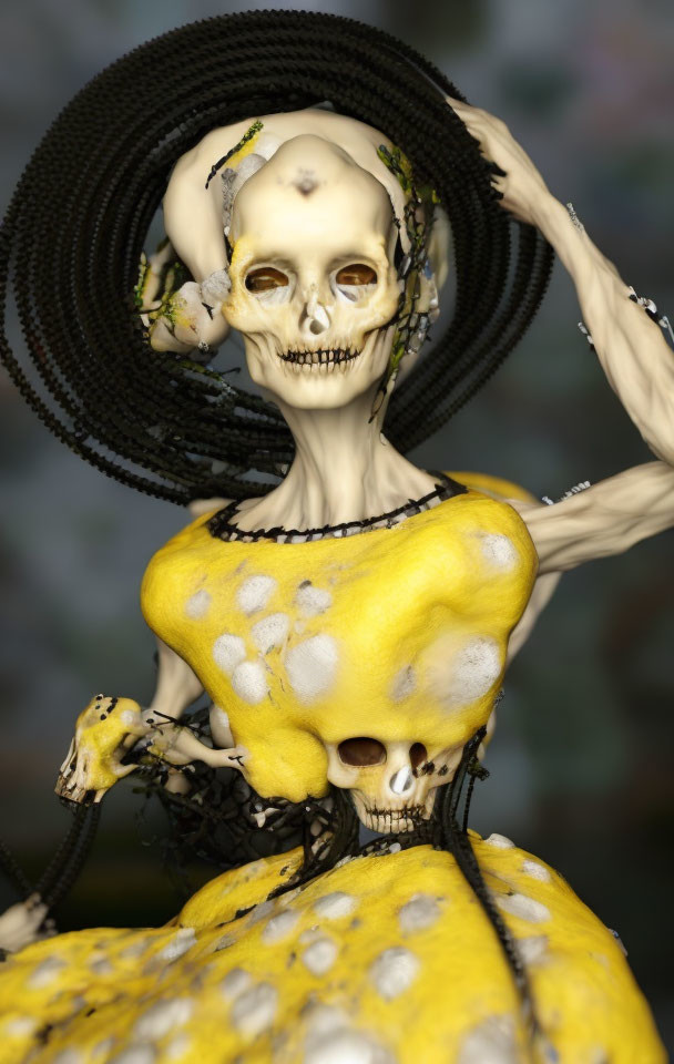 Skeletal humanoid figure in yellow and black attire with spiraling headgear