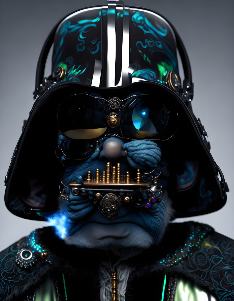 Blue-faced character in sci-fi armor with intricate helmet and ornate clothing