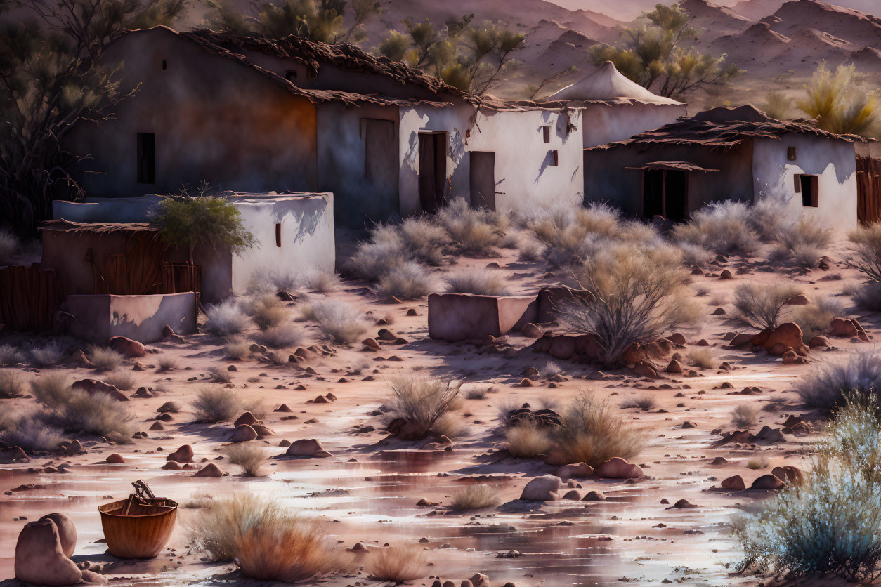 Abandoned Desert Village with Dilapidated Adobe Houses