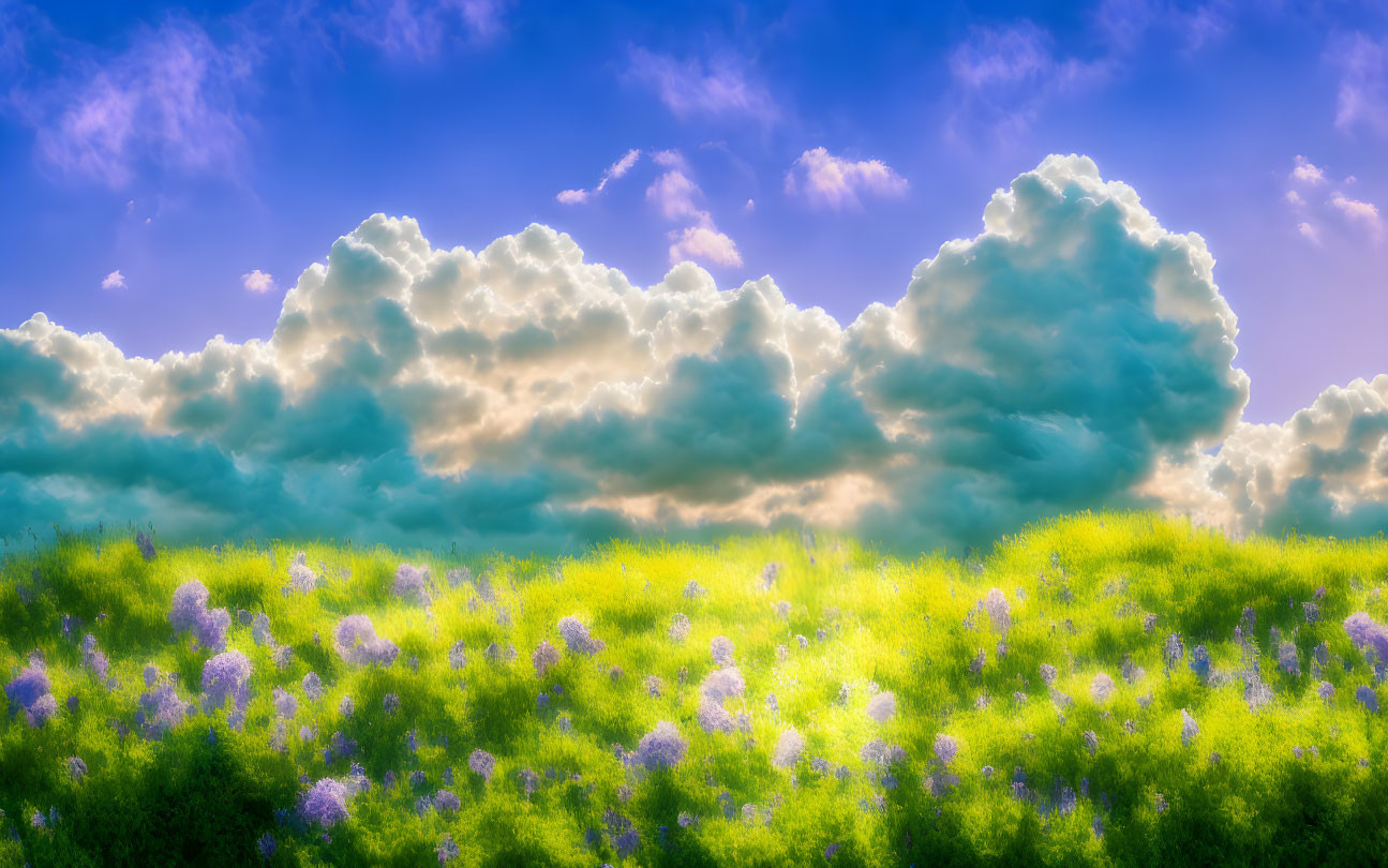 Scenic landscape with green field, white flowers, dramatic sky