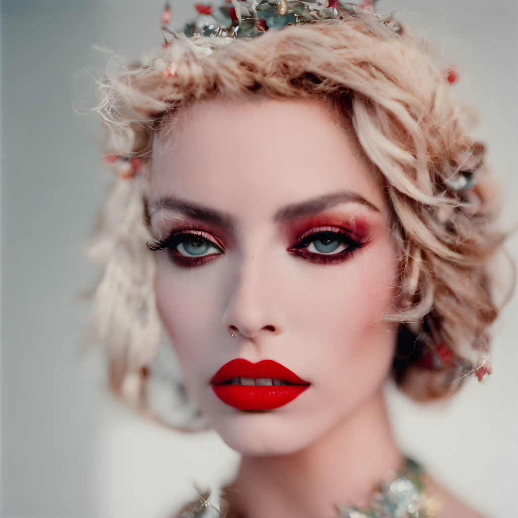 Blonde Curled Person with Dramatic Makeup and Floral Headdress