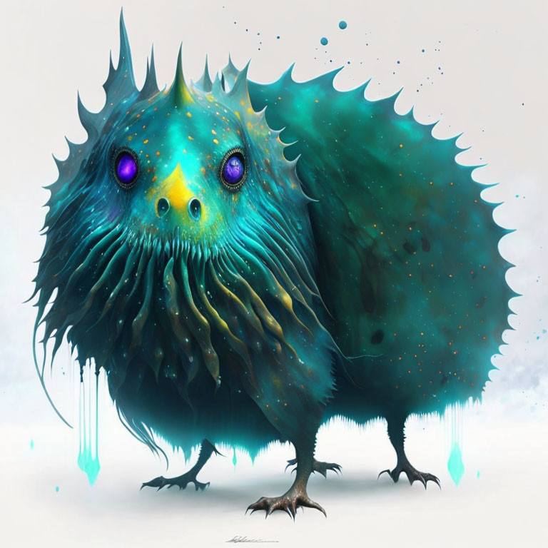 Colorful creature with spiked body, blue-green plumage, purple eyes, and luminous elements