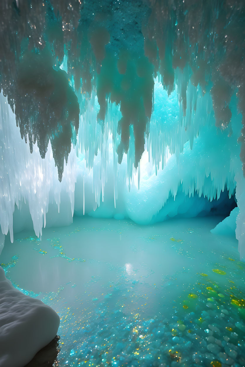 Icicle-filled cavern with frozen floor and blue glow