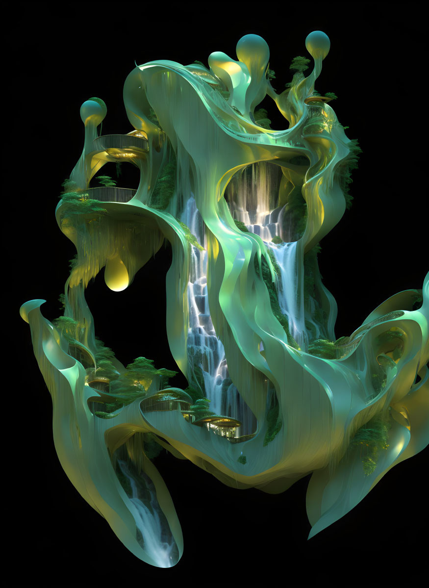 Surreal 3D-rendered waterfall in flowing structure on black background