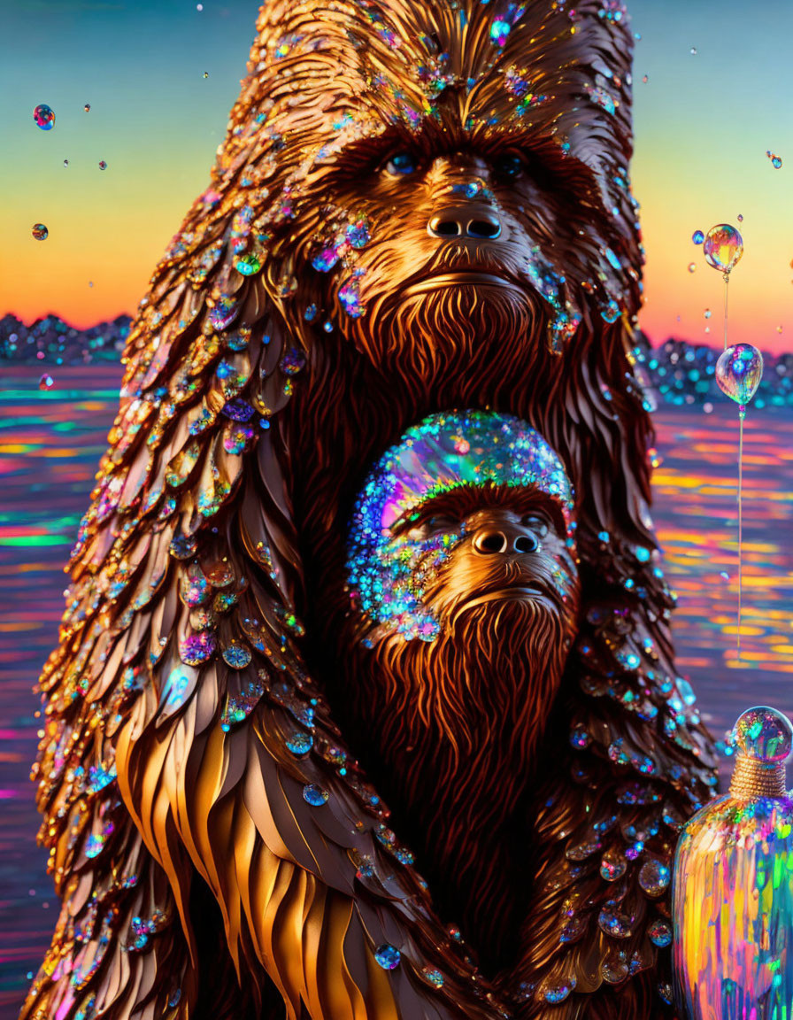 Vibrant Digital Artwork: Two Creatures with Shimmering Fur Against Sunset and Water