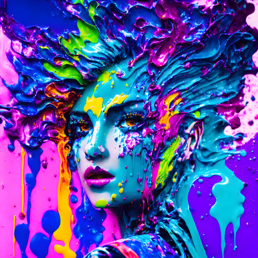 Colorful Abstract Art: Person's Face with Dynamic Paint Headdress