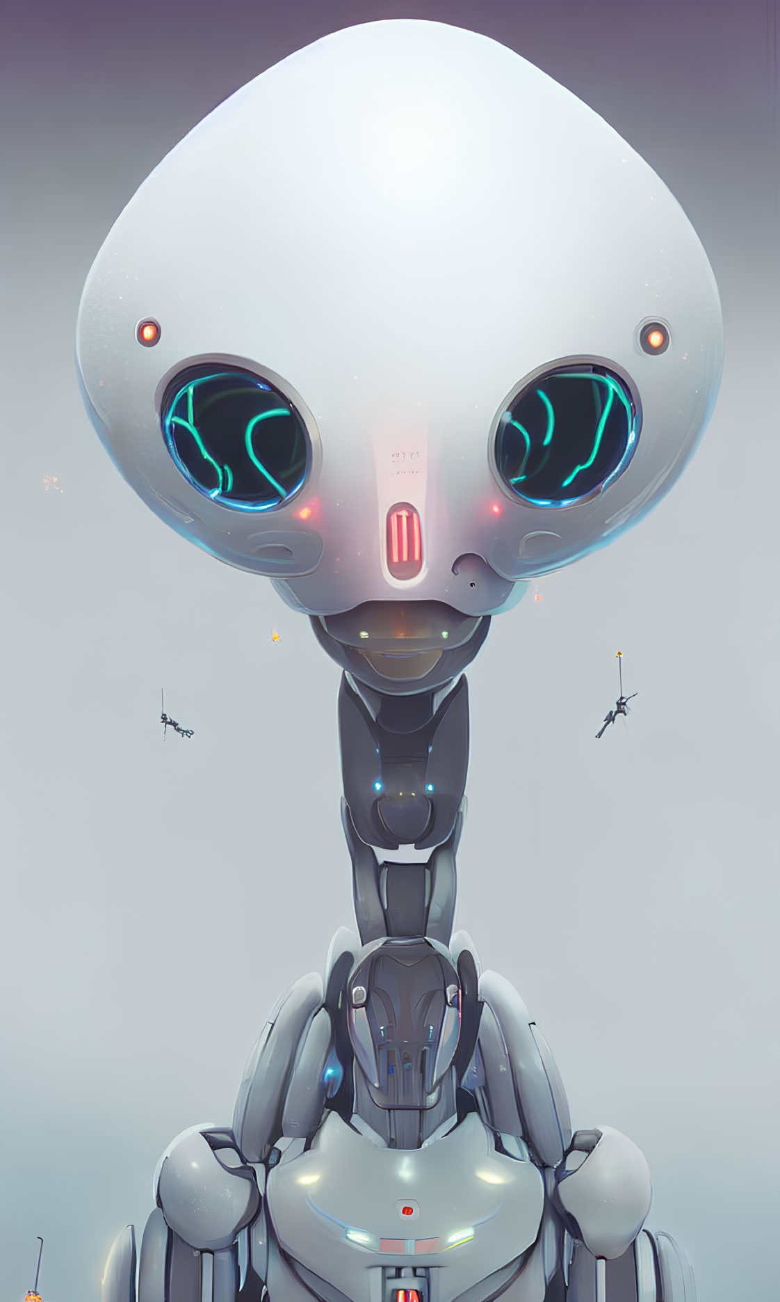 Futuristic humanoid robot with oval head and glowing blue eyes