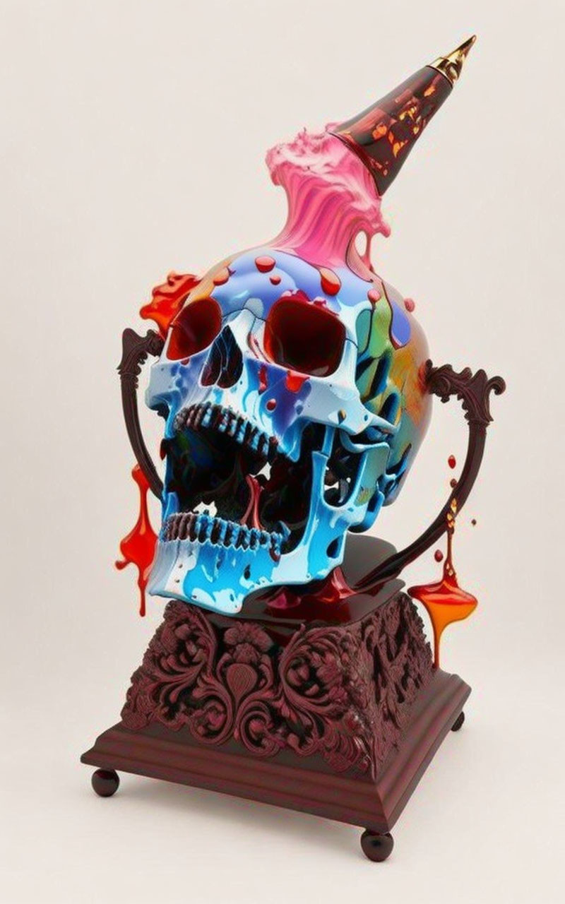 Vivid blue and red skull with melting pink substance on ornate brown stand