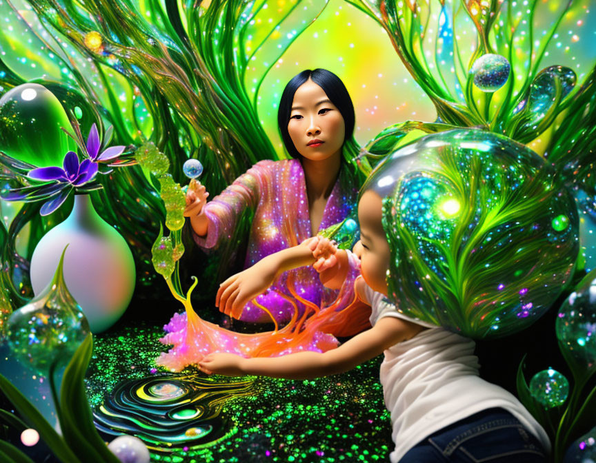 Colorful Kimono Woman with Child in Fantastical Digital Art